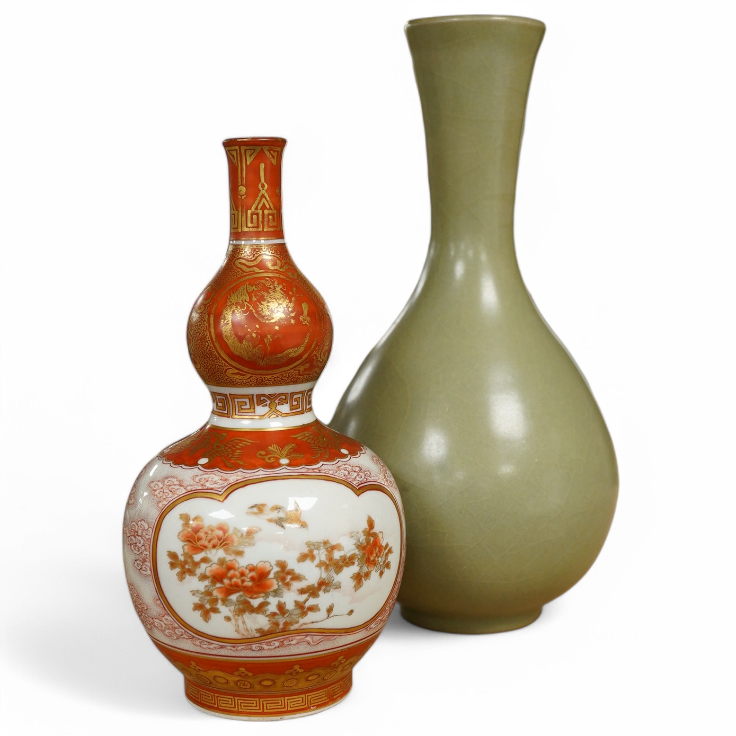 A Chinese celadon crackle glazed vase and a Japanese Kutani vase, tallest 22cm. Condition - good